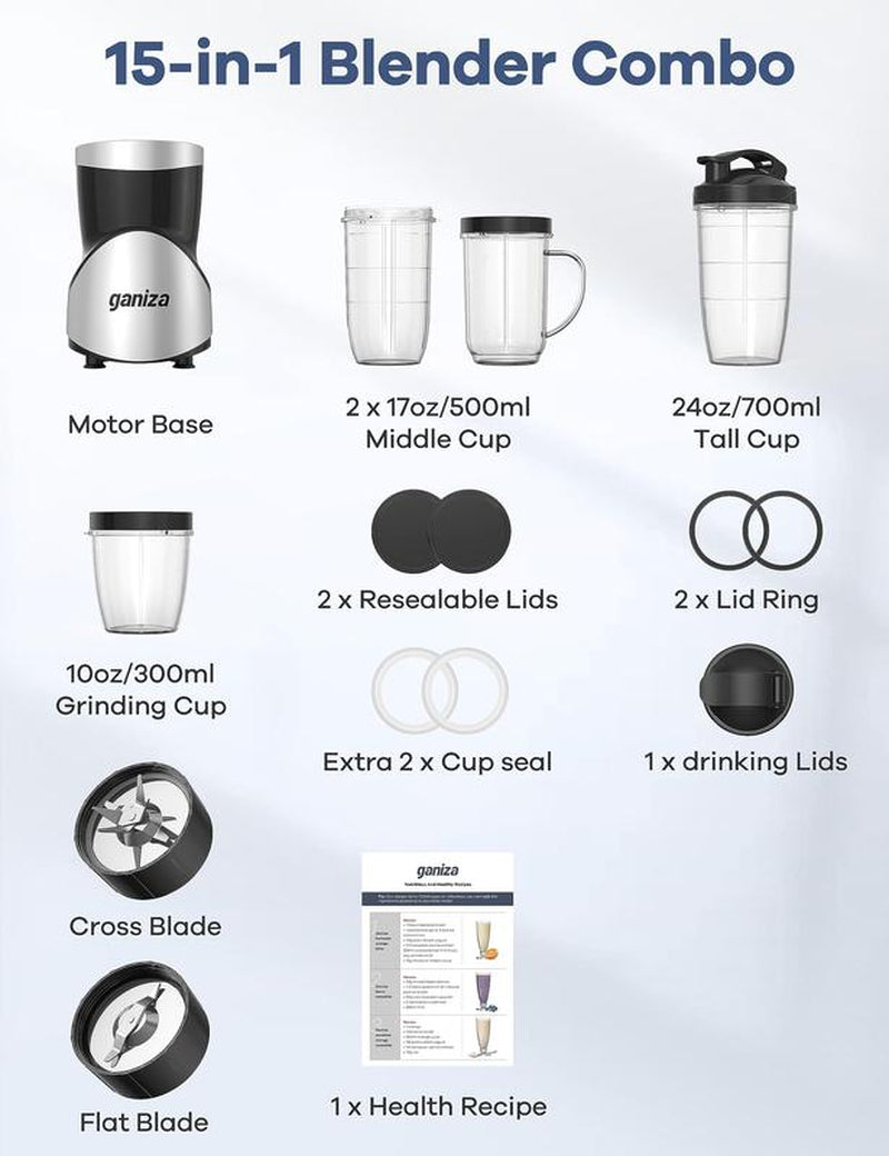 Big Promotion88Ganiza Smoothie Blender, 900W Blenders for Shakes and Smoothies, 15-Piece Personal Blender and Grinder Combo for Kitchen, Smoothies Maker with 4 Bpa-Free Portable Cup, Nutritious Recipe