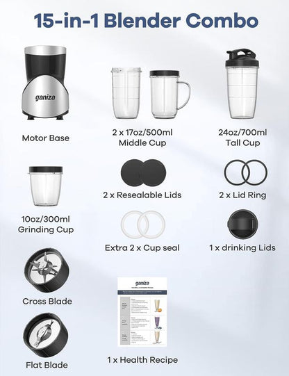 Big Promotion88Ganiza Smoothie Blender, 900W Blenders for Shakes and Smoothies, 15-Piece Personal Blender and Grinder Combo for Kitchen, Smoothies Maker with 4 Bpa-Free Portable Cup, Nutritious Recipe
